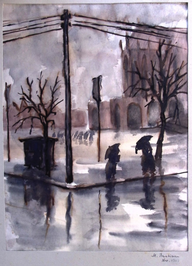 Zwei Menschen unter Schirmen auf der regennassen Freifläche vor dem Erfurter Dom