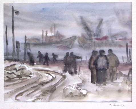 An einem nebligen Tag zeichnet der Künstler mehrere Gruppen von arbeitenden oder diskutierenden  Menschen, im Hintergrund Handelsschiffe.