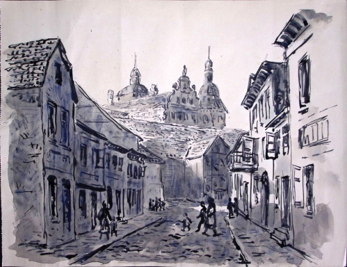 Blick durch die Güstrower Schloßstraße auf die Wollhalle, in der Strasse bewegen sich einzelne Personen. Im Hintergrund das Schloß.