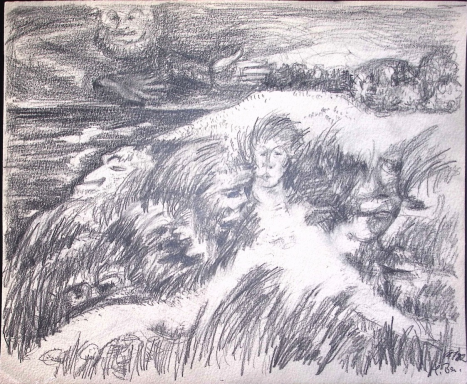 In den Wolken und im vom Wind bewegten Gräsern auf dem hohen Ufer in Ahrenshoop ahnt der Künstler Gesichter.