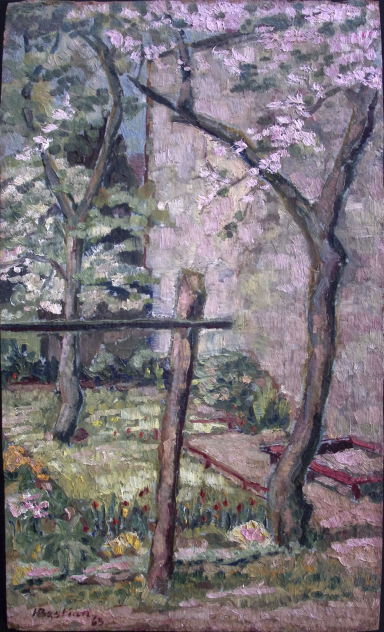 Das Bild zeigt einen Garten in Frühlingsblüte hinter dem Wohnhaus des Künstlers in der Schweriner Str. 39 (heute 76).