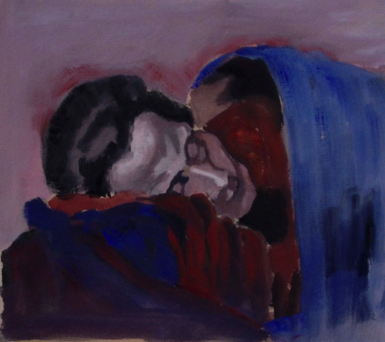 Das Bild zeigt eine auf einem Kissen und unter einer Decke schlafende ältere Frau, die Mutter des Malers.