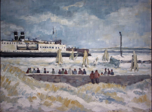 Über eine Menschengruppe auf der Mole blickt der Künstler auf eine durch Eis und Schnee einfahrende Ostseefähre.  