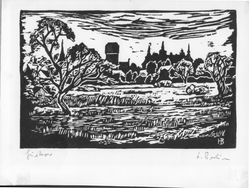 Der Druck zeigt die mittelalterliche 'Skyline' von Güstrow.