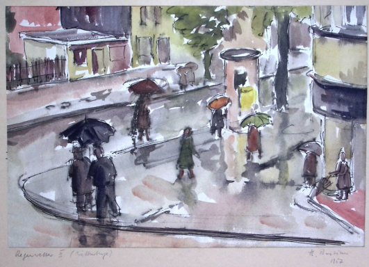 Das Bild zeigt Menschen unter Schirmen auf einem regennassen Fußgängerweg an einer Straßenecke.