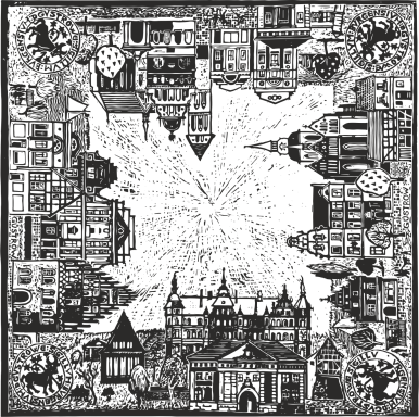 Der großformatige Linolschnitt entstand in Vorbereitung der 750-Jahrfeier 1978. Tücher wurden hiermit bedruckt,